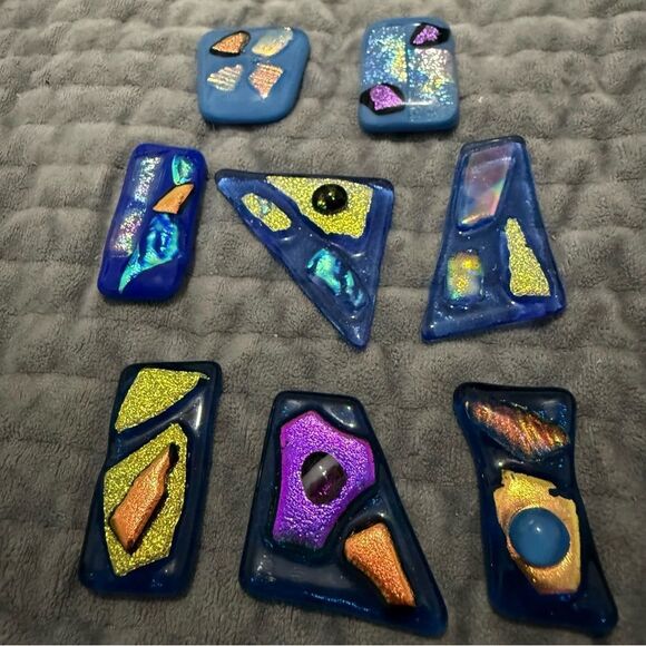 Set of 9 Blue Fused Dichroic Glass Cabochons –Iridescent Handmade Jewelry Pieces - Picture 2 of 16